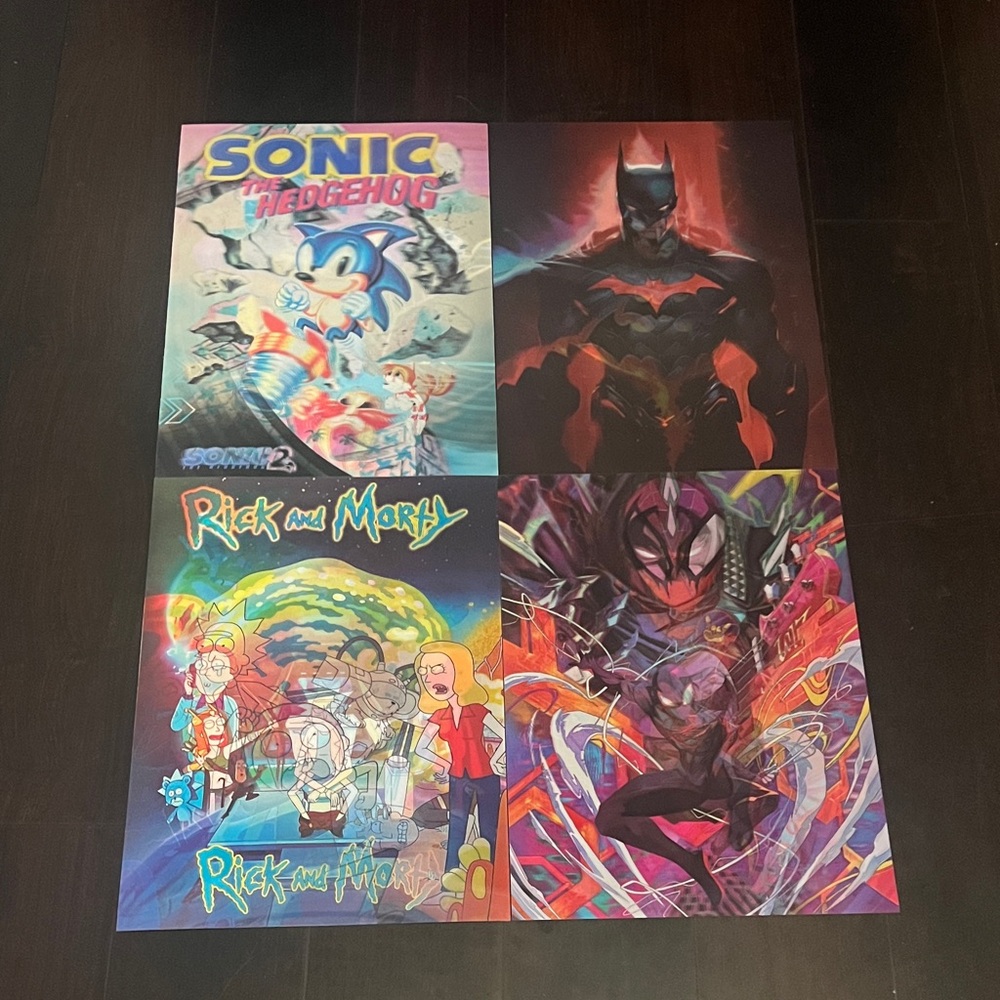 Video Game & Comic Art Poster Set - Sonic, Batman, Rick & Morty, Colorful Hero